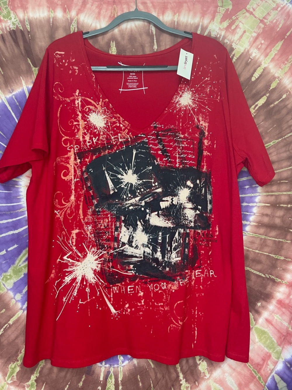 Lane Bryant Red V-Neck Graphic Short Sleeve SPARKLY Top Sz 22-24 NWT